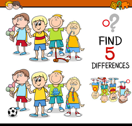 Cartoon Illustration of Finding Differences Educational Activity for Preschool Children with Little Boys Groupのイラスト素材