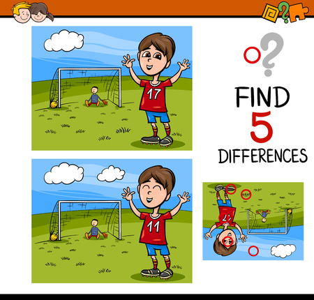 Cartoon Illustration of Finding Differences Educational Activity Task for Preschool Children with Boy Playing Soccerのイラスト素材