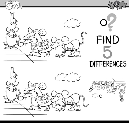 Black and White Cartoon Illustration of Finding Differences Educational Activity Task for Preschool Children with Rat Race Saying for Coloring Bookのイラスト素材
