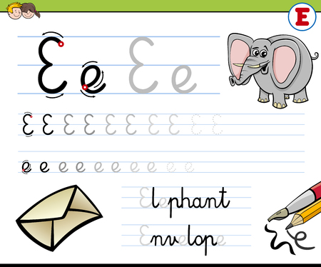 Cartoon Illustration of Writing Skills Practise with Letter E Worksheet for Childrenのイラスト素材