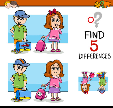 Cartoon Illustration of Finding Differences Educational Activity Task with School Childrenのイラスト素材