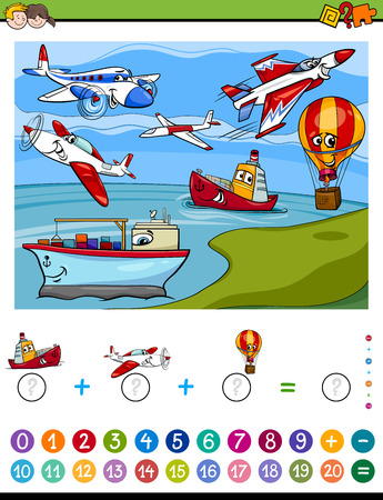 Cartoon Illustration of Educational Mathematical Counting and Addition Activity Task for Children with Planes and Shipsのイラスト素材