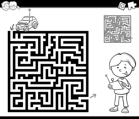 Black and White Cartoon Illustration of Education Maze or Labyrinth Activity Task for Preschool Children with Boy and Remote Car for Coloringのイラスト素材