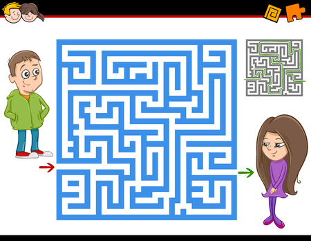 Cartoon Illustration of Education Maze or Labyrinth Activity Task for Children with Girl and Boyのイラスト素材