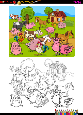 Cartoon Illustration of Farm Animal Characters Coloring Bookのイラスト素材