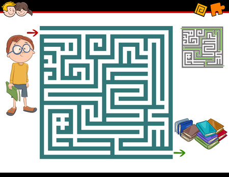 Cartoon Illustration of Education Maze or Labyrinth Activity Game for Children with Boy Characterのイラスト素材