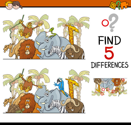 Cartoon Illustration of Finding Differences Educational Activity Task for Children with Safari Animal Charactersのイラスト素材
