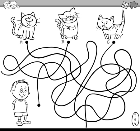 Black and White Cartoon Illustration of Educational Paths or Maze Puzzle Activity with Child Boy and Kittens Coloring Bookのイラスト素材