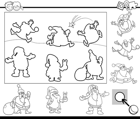 Black and White Cartoon Illustration of Educational Activity Task for Preschool Children with Santa Claus Characters for Coloring Bookのイラスト素材