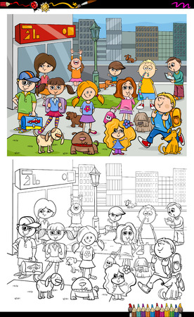 Cartoon Illustration of Kids with Dogs in the City Coloring Book Activityのイラスト素材