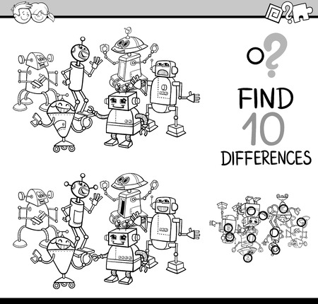Black and White Cartoon Illustration of Finding Differences Educational Activity Game for Children with Robots Fantasy Characters Coloring Bookのイラスト素材