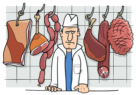 Cartoon Illustration of Butcher in his Shop with Meat Food Objectsのイラスト素材