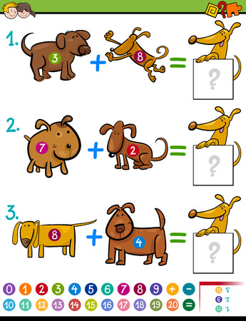 Cartoon Illustration of Educational Mathematical Addition Activity Task for Children with Dog Charactersのイラスト素材