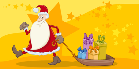 Greeting Card Cartoon Illustration of Santa Claus with Sledge of Christmas Presentsのイラスト素材