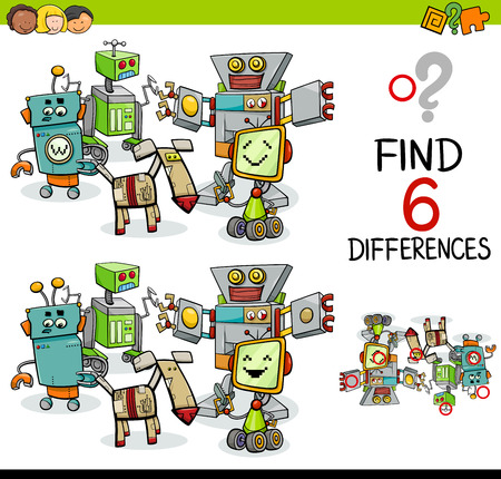 Cartoon Illustration of Finding the Difference Educational Activity for Children with Robot Charactersのイラスト素材
