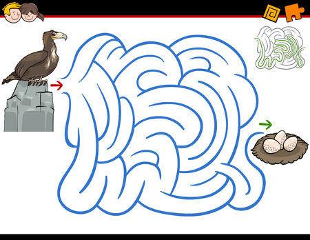 Cartoon Illustration of Education Maze or Labyrinth Activity Game for Children with Eagle and his Nestのイラスト素材