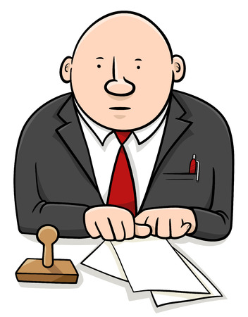 Cartoon Illustration of Official or Clerk Character with Documents and Stampのイラスト素材