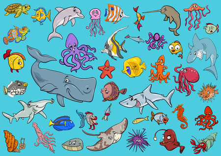 Cartoon Illustrations of Sea Life Animals and Fish Characters Groupのイラスト素材