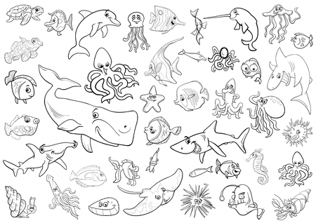 Black and White Cartoon Illustrations of Sea Life Animals and Fish Characters Group Coloring Pageのイラスト素材