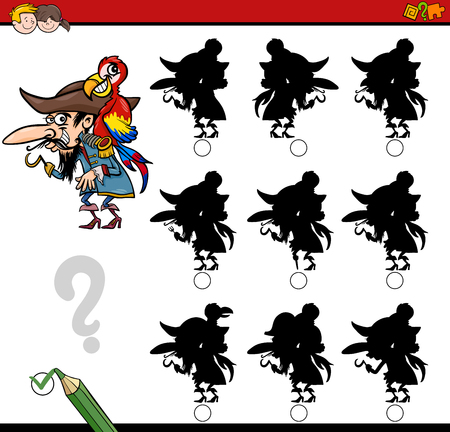 Cartoon Illustration of Find the Shadow without Differences Educational Activity for Children with Pirate Characterのイラスト素材