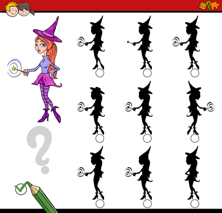 Cartoon Illustration of Find the Shadow without Differences Educational Game for Children with Witch Fantasy Characterのイラスト素材
