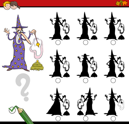 Cartoon Illustration of Find the Shadow without Differences Educational Activity for Children with Wizard Fantasy Characterのイラスト素材