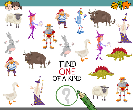 Cartoon illustration of educational activity of Find One of a Kind Game for preschool children.のイラスト素材