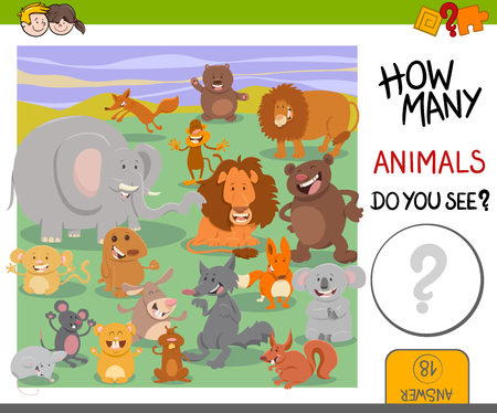 Cartoon Illustration of Educational Counting Activity Game for Children with Cute Animal Charactersのイラスト素材