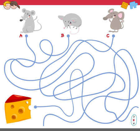 Cartoon Illustration of Paths or Maze Puzzle Activity Game with  Mouse Charactersのイラスト素材