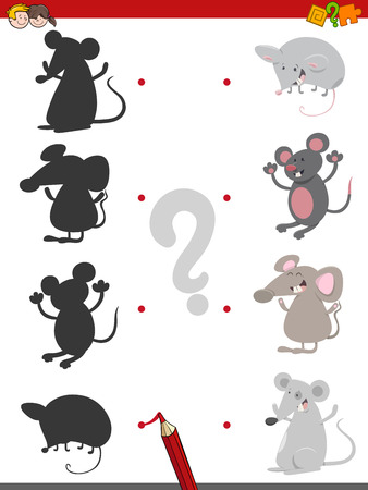 Cartoon Illustration of Find the Shadow Educational Activity Game for Children with Mouse Animal Charactersのイラスト素材