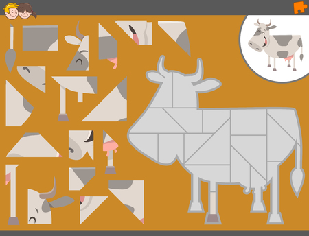 Cartoon Illustration of Educational Jigsaw Puzzle Game for Children with Cow Animal Characterのイラスト素材