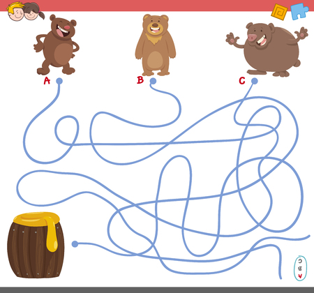 Cartoon Illustration of Paths or Maze Puzzle Activity Game with Bear Animal Characters and Honeyのイラスト素材