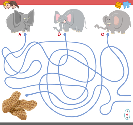 Cartoon Illustration of Paths or Maze Puzzle Activity Game with Elephant Animal Characters and Peanutsのイラスト素材
