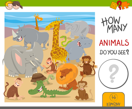 Cartoon Illustration of Educational Counting Activity Game for Kids with Cute Animal Charactersのイラスト素材