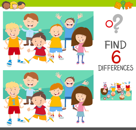 Cartoon Illustration of Spot the Differences Educational Game for Children with Kids Characters Groupのイラスト素材