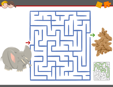 Cartoon Illustration of Education Maze or Labyrinth Leisure Game with Elephant and Peanutsのイラスト素材