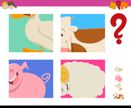 Cartoon Illustration of Educational Game of Guessing Farm Animals for Childrenのイラスト素材