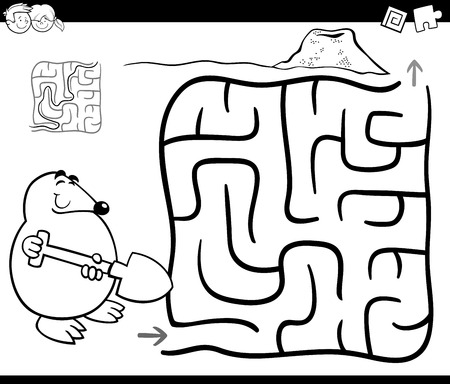 Black and White Cartoon Illustration of Education Maze or Labyrinth Game for Children with Mole Coloring Pageのイラスト素材