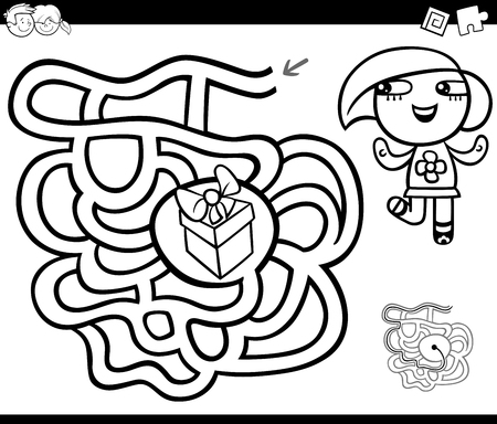 Black and White Cartoon Illustration of Education Maze or Labyrinth Game for Children with Little Girl and Gift Coloring Pageのイラスト素材