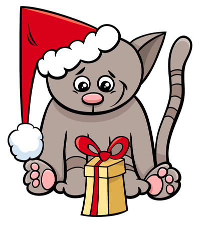 Cartoon Illustration of Cat or Kitten Funny Animal Character with Christmas Presentのイラスト素材