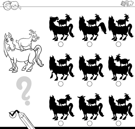 Black and White Cartoon Illustration of Finding the Shadow without Differences Educational Activity for Children with Horse and Goat Farm Animal Characters Coloring Pageのイラスト素材