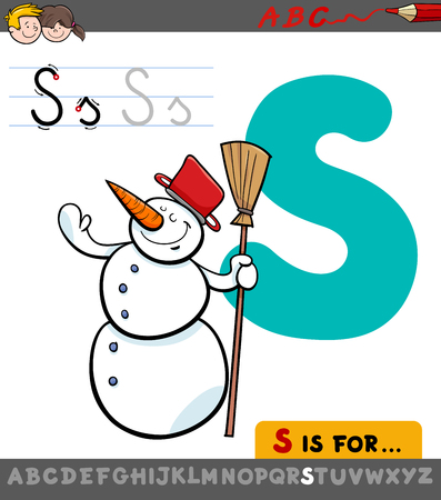 Educational Cartoon Illustration of Letter S from Alphabet with Snowman Character for Childrenのイラスト素材