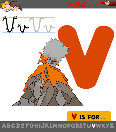 Educational Cartoon Illustration of Letter V from Alphabet with Volcano for Childrenのイラスト素材