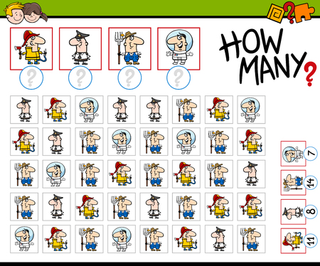 Cartoon Illustration of Educational How Many Counting Activity for Children with Professional Occupationsのイラスト素材