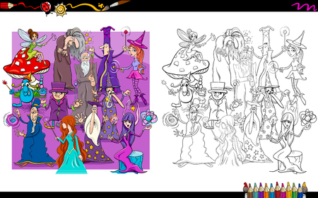 Cartoon Illustration of Wizards and Witches Fantasy Characters Group Coloring Book Activityのイラスト素材