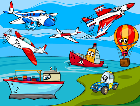 Cartoon illustration of funny planes and shipsのイラスト素材