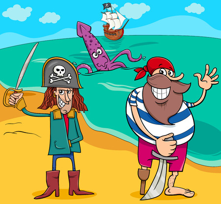 Cartoon Illustrations of Pirate Characters with Ship on Islandのイラスト素材