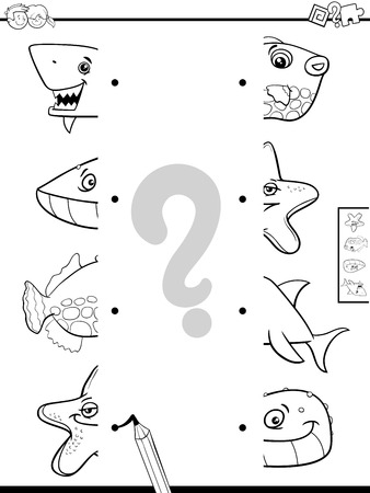 Black and White Cartoon Illustration of Educational Game of Matching Halves of Sea Life Animal Characters Coloring Bookのイラスト素材