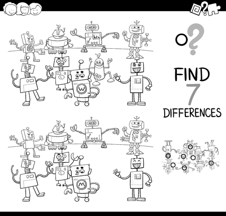 Black and White Cartoon Illustration of Finding Differences Between Pictures Educational Activity Game for Kids with Funny Robot Characters Group Coloring Bookのイラスト素材