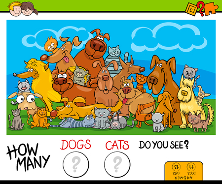 Cartoon Illustration of Educational Counting Game for Children with Cats and Dogs Animal Characters Groupのイラスト素材